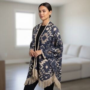 Lucky Brand Blue and Cream Western Knit Cardigan with fringe